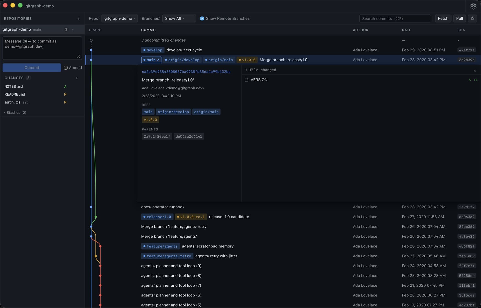 GitGraph expanded commit panel with message, refs, parents, and the files that commit changed