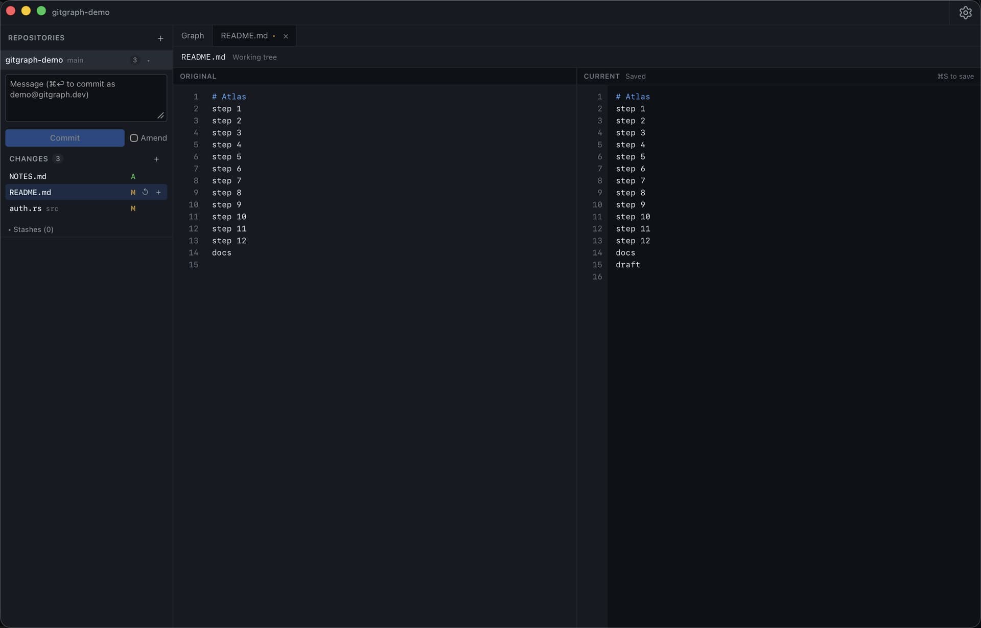 GitGraph split editor with original and current README.md, line numbers, and syntax highlighting
