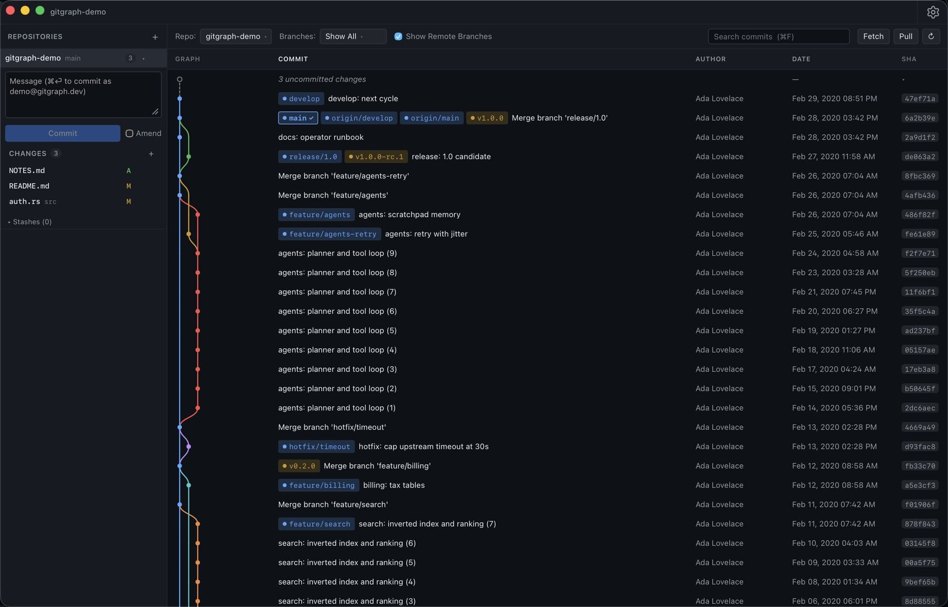GitGraph showing a live commit graph with colored lanes, branch chips, tags, and a sidebar of uncommitted files