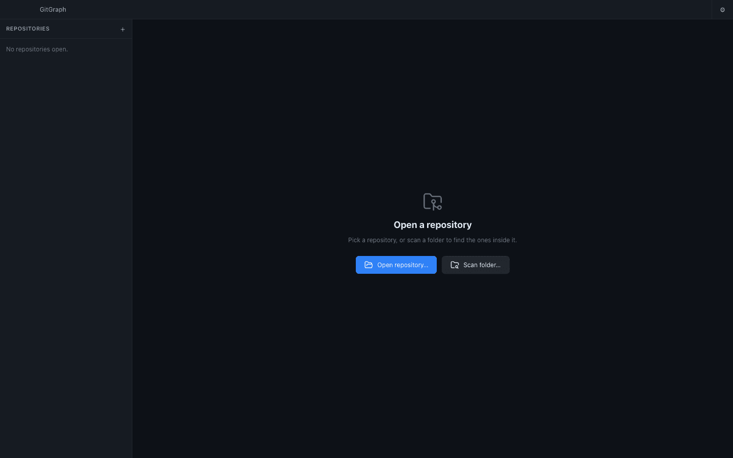 GitGraph empty state with Open repository and Scan folder