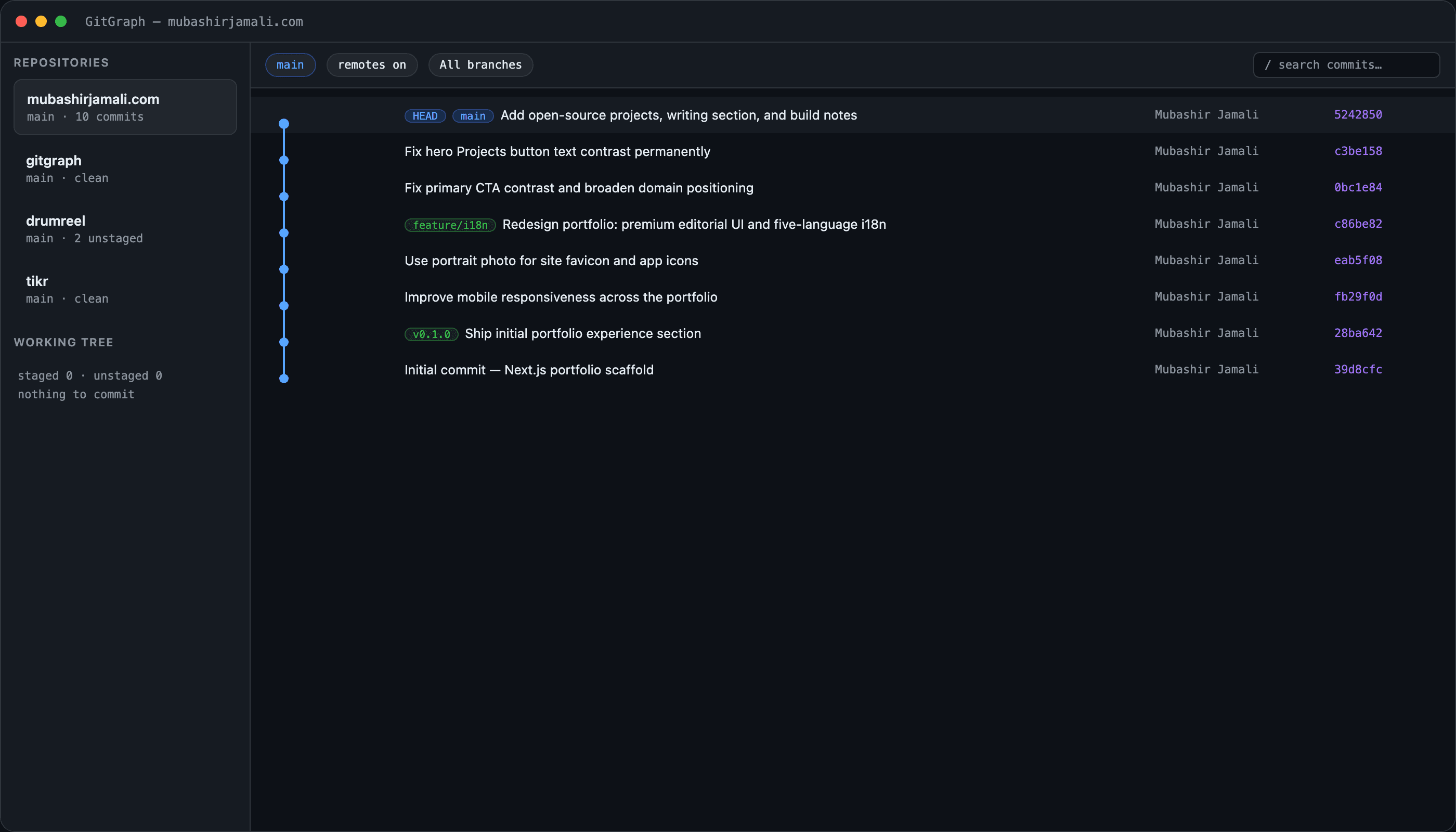 GitGraph main window with commit graph and repository sidebar