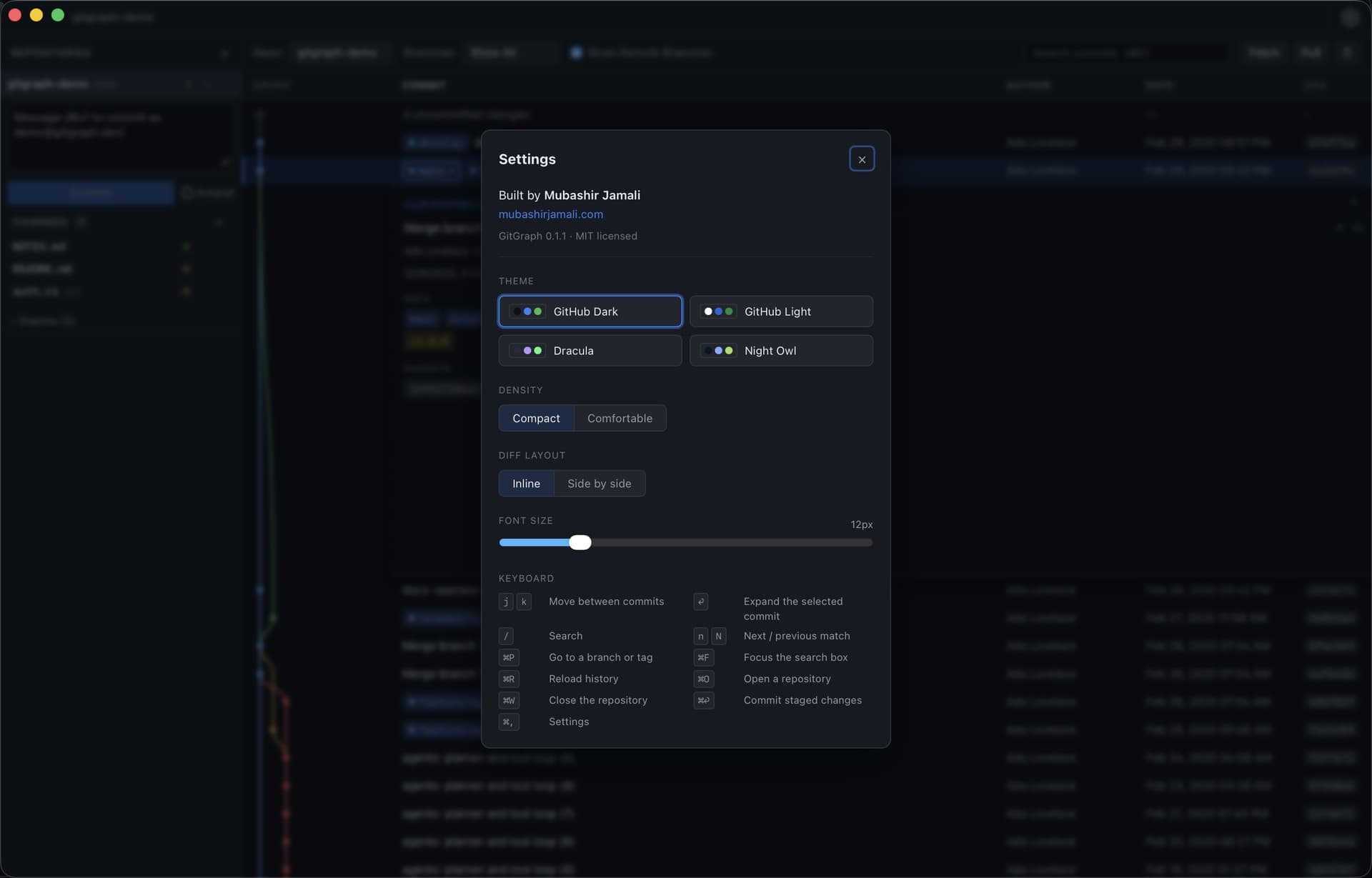 GitGraph settings panel over the graph: themes, density, diff layout, font size, and keyboard shortcuts