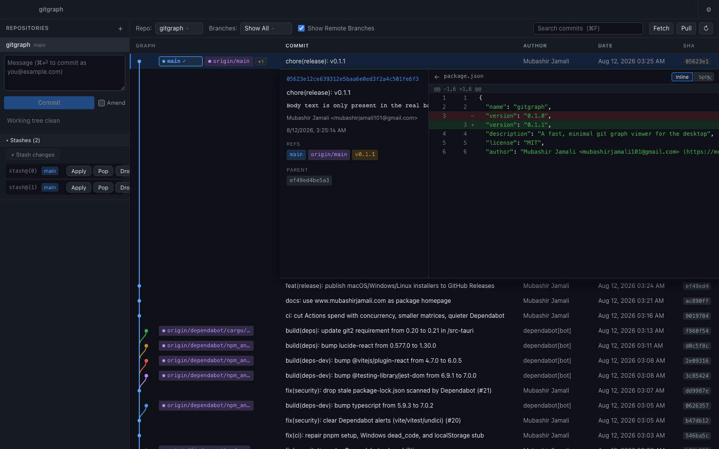 GitGraph stash list with apply, pop, and drop