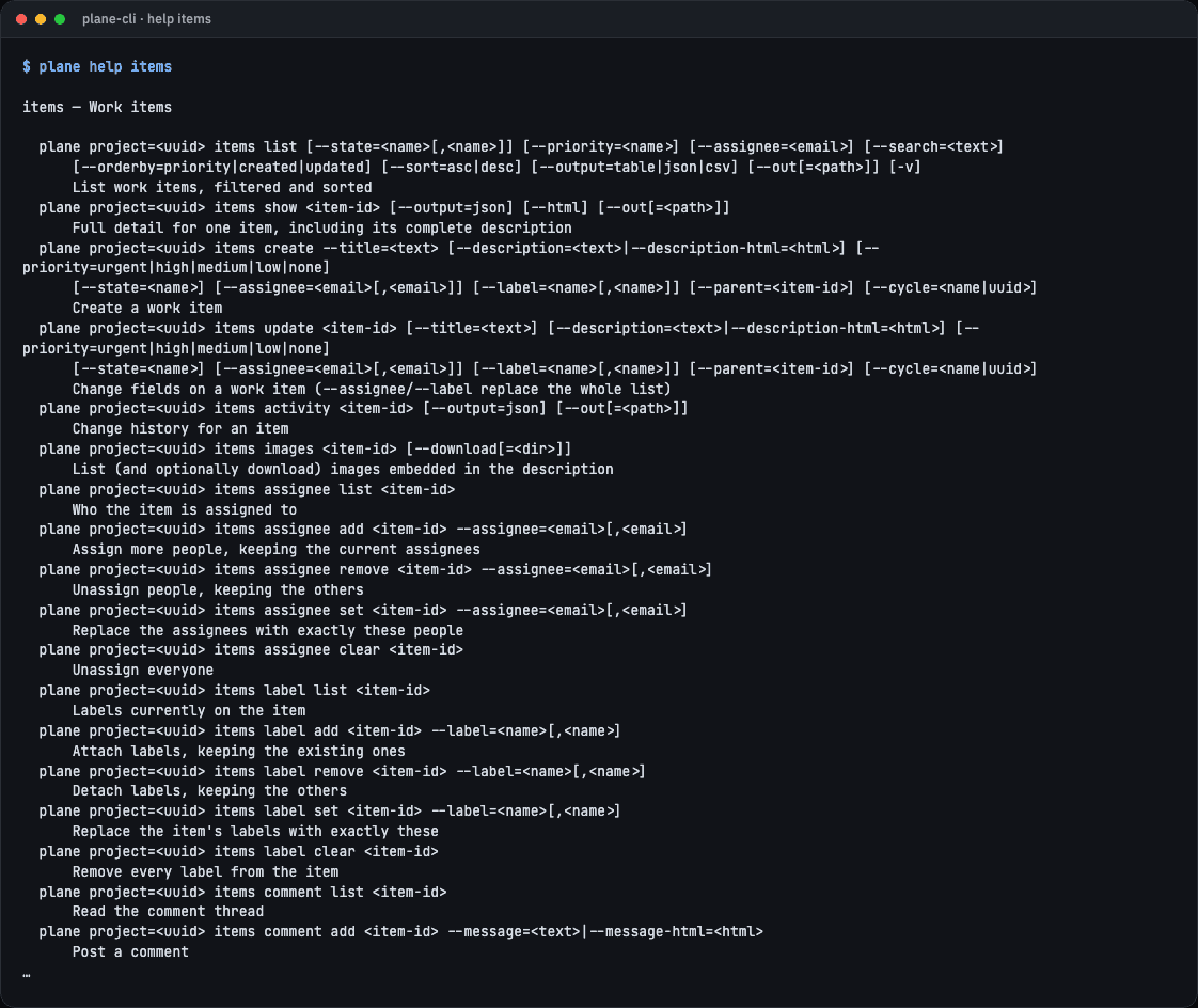 plane help items showing list, show, create, comments, worklogs