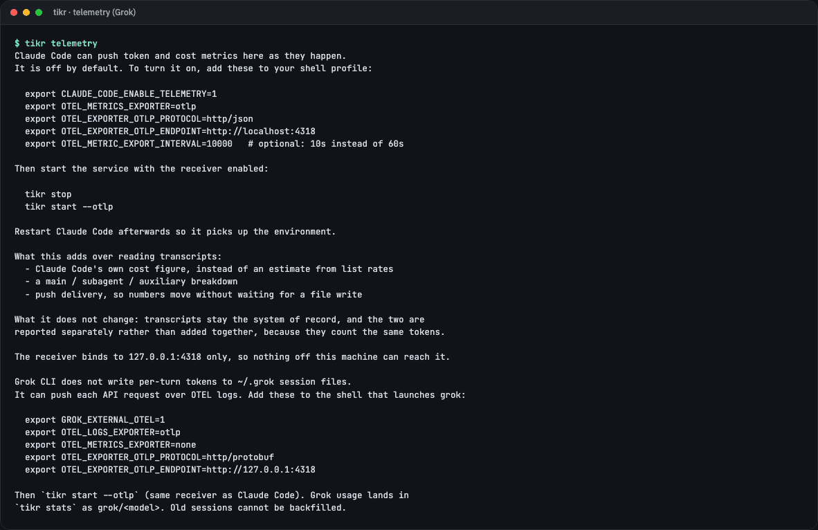 tikr telemetry help for Claude Code and Grok OTEL env vars