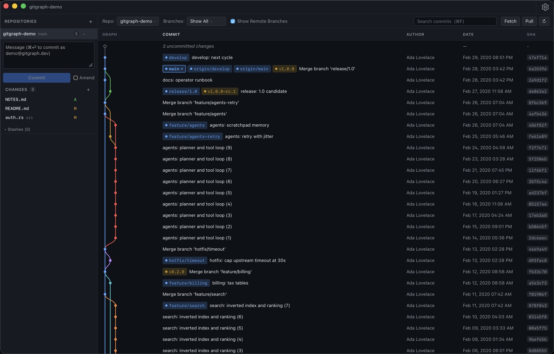 GitGraph showing a live commit graph with colored lanes, branch chips, tags, and a sidebar of uncommitted files